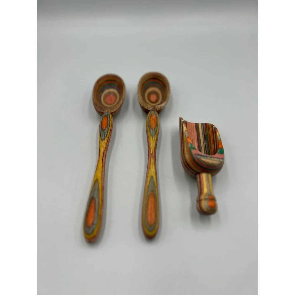 Handcrafted Multi-Color Laminated Wood Spoon and Scoop Set 3pc Artisan Utensil